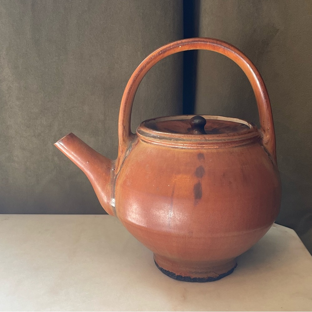 Old Clay Teapot Rustic Handmade Orange/Brown Primitive Asian Organic